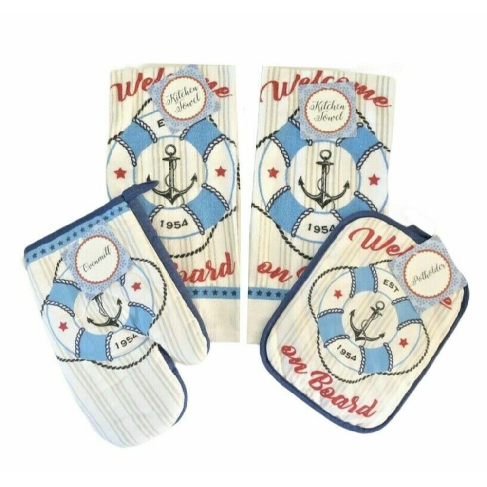 Anchor Dish Towels Oven Mitt Potholder Set of 4 Welcome on Board Beach Boat